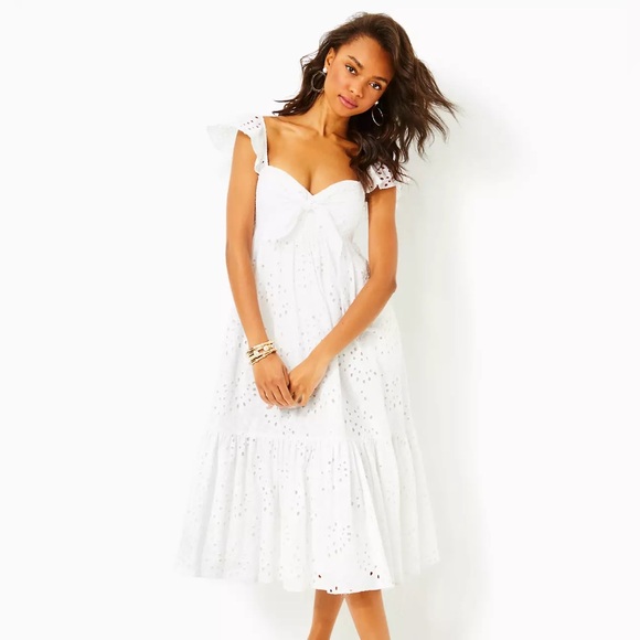 Lilly Pulitzer Dresses & Skirts - Lilly Pulitzer Latana Flutter Sleeve Eyelet Midi Dress White Tropical Leaf NWT10